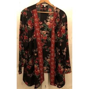 Pioneer Woman Open Front Kimono Cardigan XXL XXXL Black Floral Semi Sheer Boho